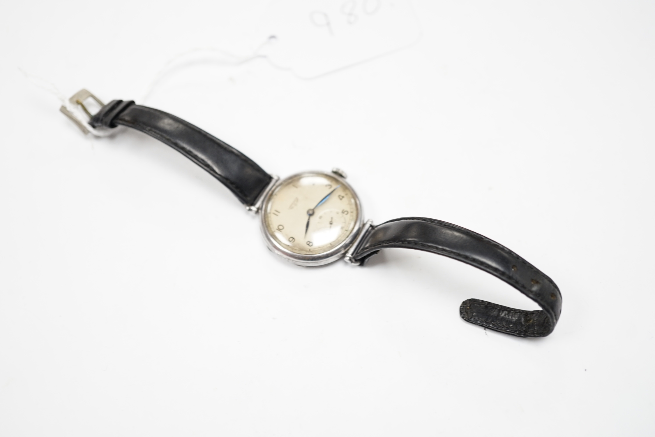A gentleman's 1930's stainless steel Longines manual wind wrist watch, with Arabic dial and subsidiary seconds, movement c. 2.68Z, on a black leather strap.